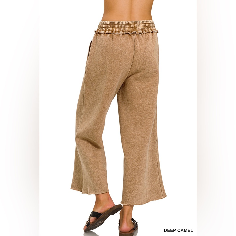 Zenana Mineral Wash Crop Fleece Palazzo Sweat Pant in Deep Camel NEW NWT - Picture 3 of 3